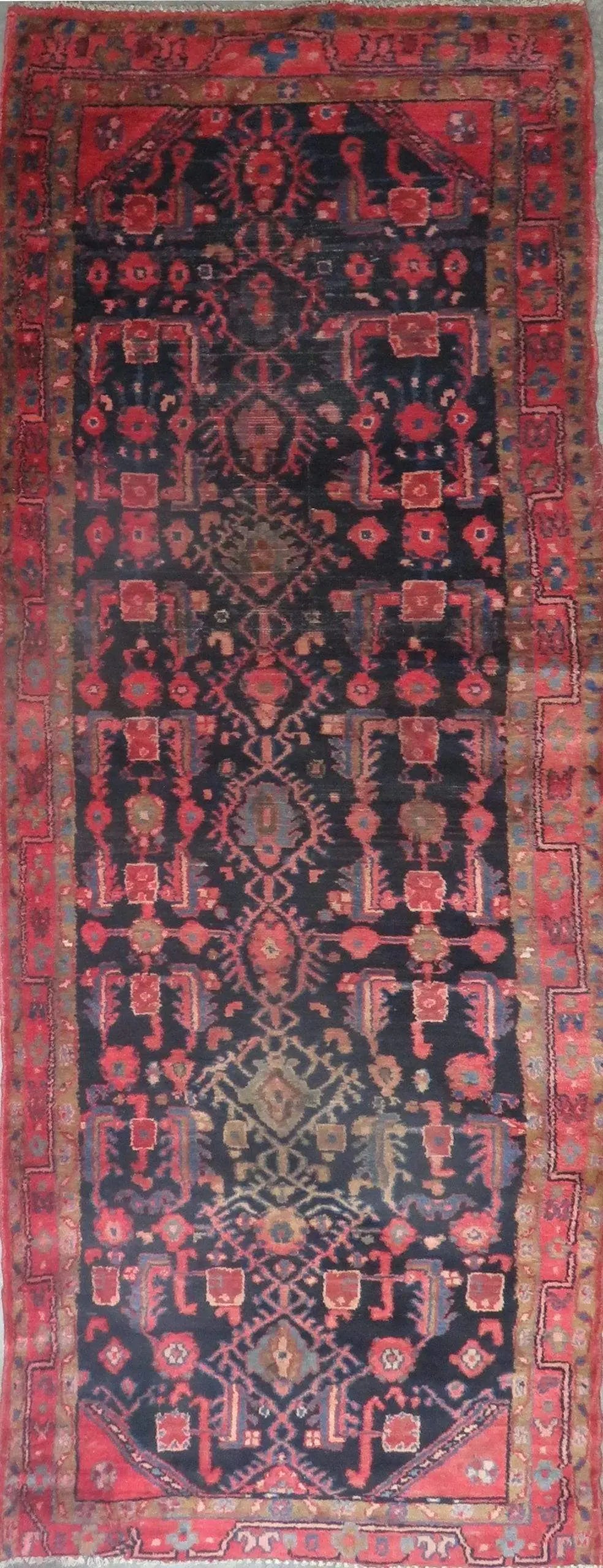 One Of The Kind Hand-Knotted Persian Wool Rug _ Luxurious Vintage Design, 10'10" x 3'3", Artisan Crafted